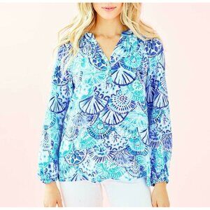 Lilly Pulitzer 100% Silk Elsa Top Blue Oasis Shells Nautica Blouse Shirt Size XS